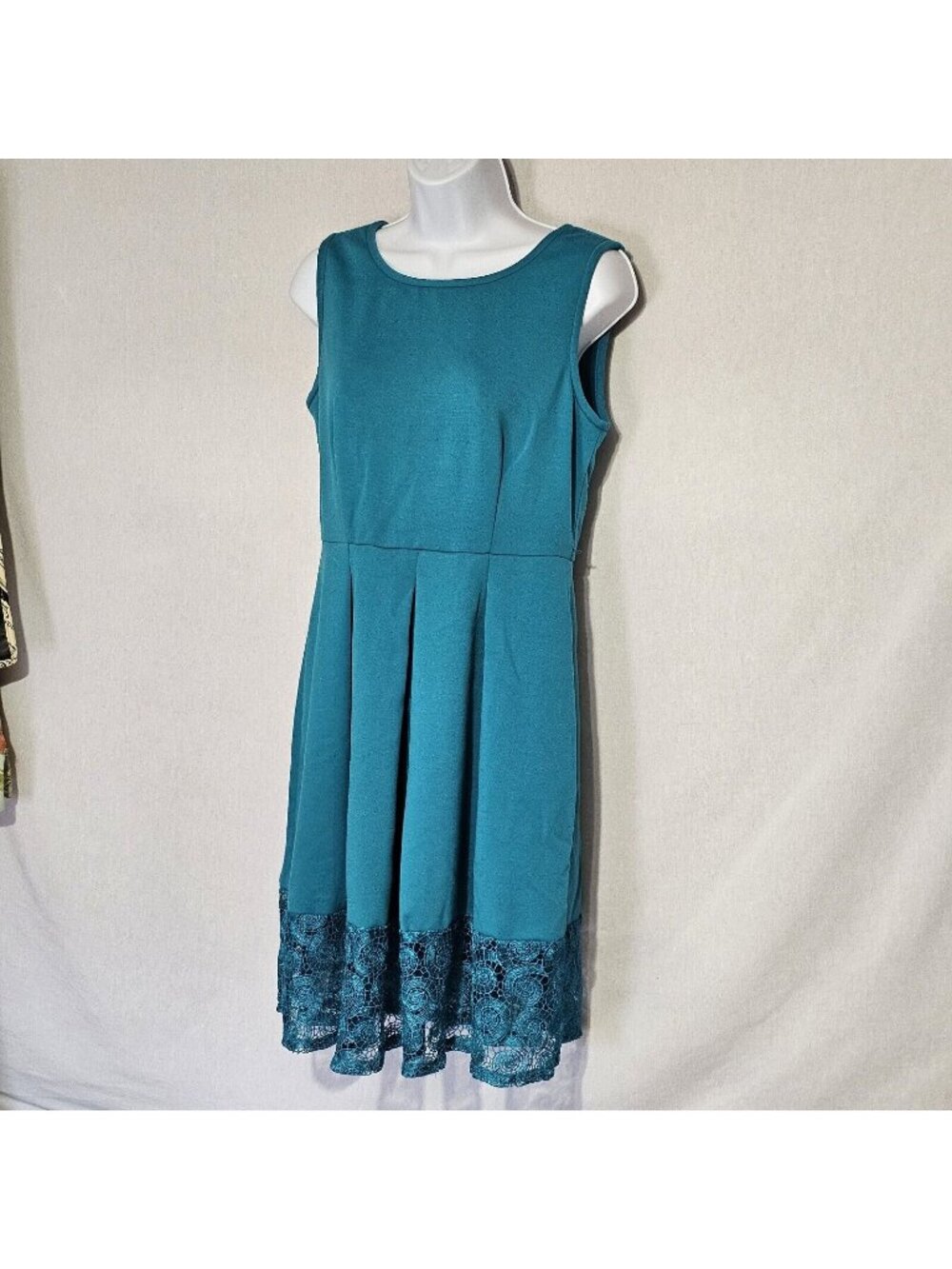 (A1331) CALVIN KLEIN A-Line Knee Length Dress Crewneck Teal Lace Trim Dress Comf